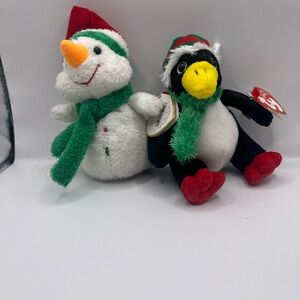 Ty Jingle Beanies Festive Snowman & Penguin Plush Ornaments Melton and Toboggan